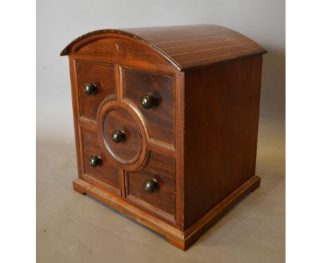 A 20th Century Table Top Collectors' Cabinet with a line inlaid bow top above five drawers with knob handles, 39 cms wide