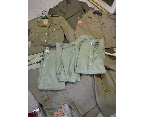 A Collection of Mid 20th Century REME Army Uniform to include jacket, a long coat, shirts and trousers