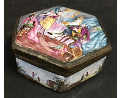 A Late 19th Early 20th Century French Enamel Hexagonal Pill Box