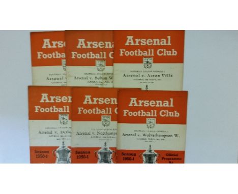 FOOTBALL, Arsenal home programmes, 1950/1, inc. v Bolton, Wolves, Derby, Northampton, Blackpool (2), Liverpool etc., FR to VG