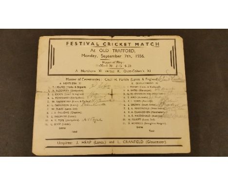 CRICKET, signed programme for Northern XI v K. Quas-Cohen XI, 7th Sept 1936, played at Old Trafford, signed (in pencil) by fi