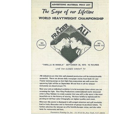 BOXING, promotional leaflet for Ali v Frazier, 30th Sept 1975, Thriller in Manilla, with prices for various posters, bumper s
