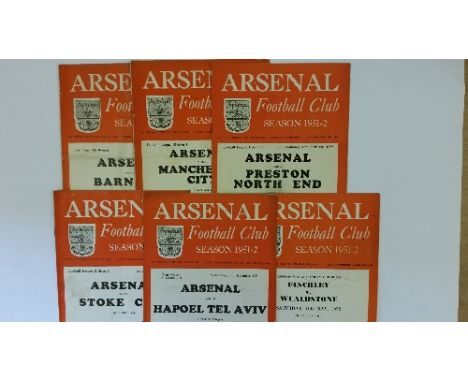 FOOTBALL, Arsenal home programmes, 1951/2, inc. v Barnsley, Preston, Hapoel Tel Aviv, Blackpool etc., FR to VG, 8