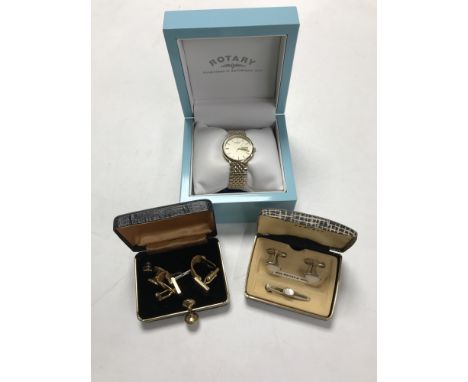 A boxed Rotary wristwatch together with assorted cufflinks and a Bakelite cased magnetic marching compass