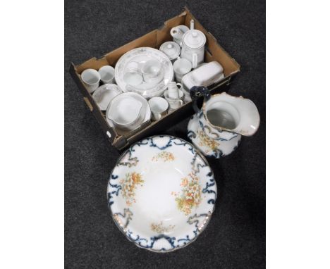 A box of Japanese Diane porcelain dinner ware, together with an early 20th century jug and wash basin