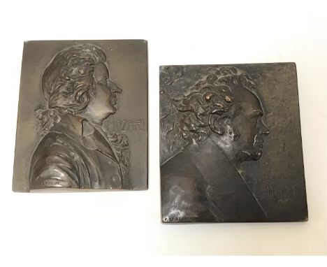 A pair of Franz Stiasny bronze portrait plaques; Franz Schubert and Mozart, each 6.5cm high