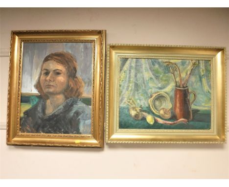 Liz Tyler (British Contemporary) : Self portrait, oil on board, 39cm by 50cm, together with another oil by the same artist, s