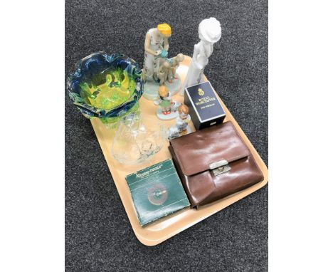 A tray of gents leather cases shaving set, coloured glass bowl, boxed Royal Worcester egg coddler, continental figures etc