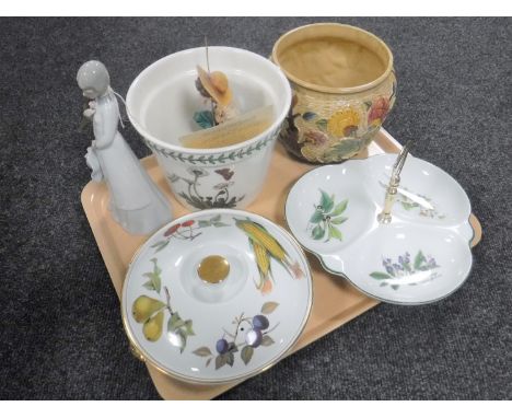 A tray of Royal Worcester Evesham lidded bowl, Portmeirion Botanic Garden pot, continental figures etc