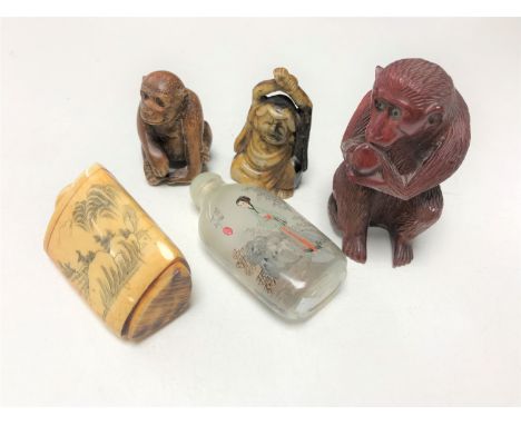 Two Chinese scent bottles, a monkey netsuke and two other oriental figures