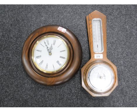 An oak-cased barometer, fitted with thermometer above, together with a Danish "Denclock", made by Scan Clock Export.  (2) 