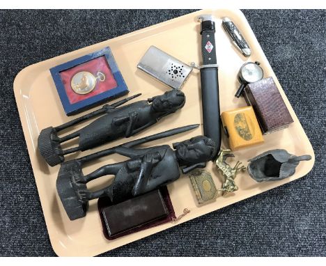 A tray of replica German knife, compass, two carved African figures, Mauchline ware box etc
