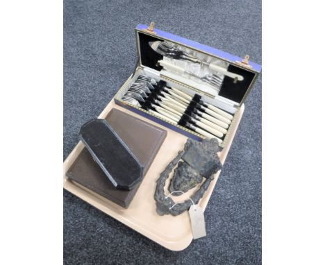 A tray of boxed silver and EPNS cutlery together with a door knocker