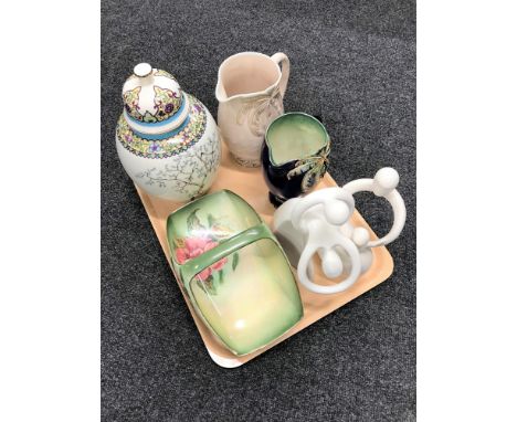 A tray of Royal Worcester lustre basket, Beswick jug, oriental lidded vases, abstract figures etc