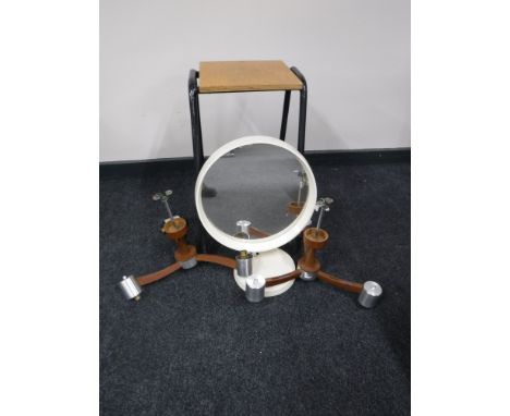 A pair of 1970's teak three way light fitting, together with a dressing table mirror and a stool  