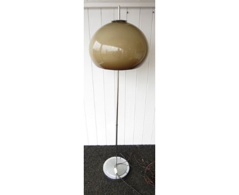 A chromed standard lamp with brown plastic mushroom shade 