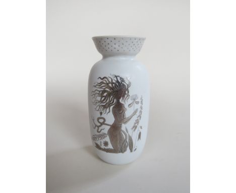 STIG LINDBERG -  for Gustavsberg, a white glazed ceramic vase with silvered overlay, maiden and foliate detail.  Grazia and S