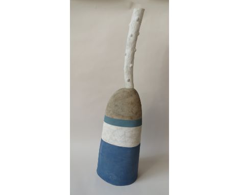 CAROLINE FISH (XXI): A studio ceramic sculptural piece "white sprout menhir".  Blue and white painted textured body.  107cm h