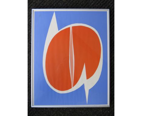 A framed and glazed blue and orange abstract form print.