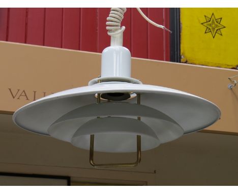 A Danish white and brass finish push/pull ceiling light of three tiers 