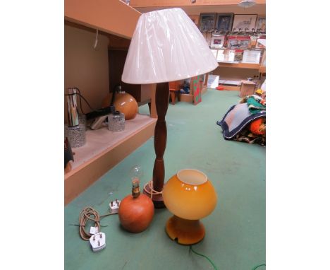 An Italian mushroom lamp and teak lamp base by Ivan Upright and a teak lamp with shade