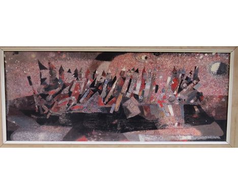 A framed print after Verlinde dated 1960, depicting stylised viking ship and warriors, 40cm x 99.5cm