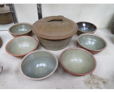 A St Ives Leach pottery standard ware lidded pot together with six various bowls