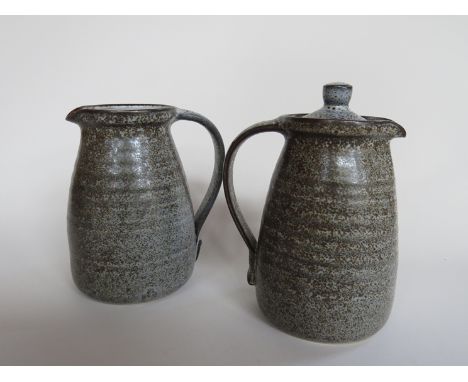 MICHAEL LEACH (1913-1985) A Yelland Studio pottery lidded coffee pot with robins egg glaze together with a similar jug. 18cm 