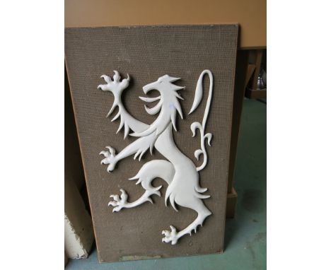 A Raymond Everett 'rampant Lion' ceramic plaque on board. Marks verso. 