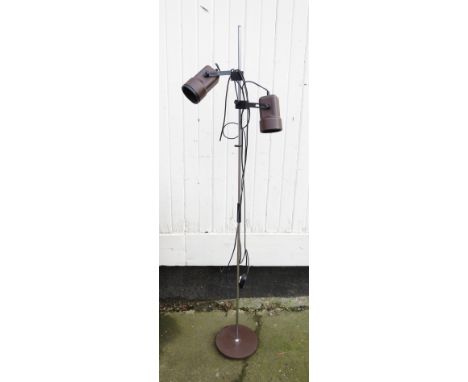 A chrome and brown standard lamp with twin brown spots 