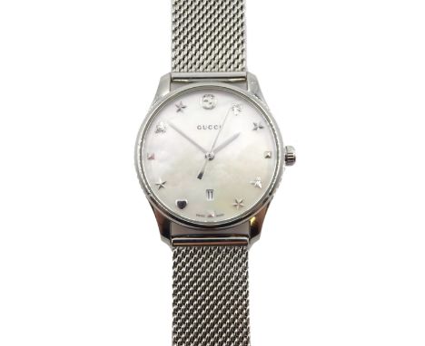 Gucci G-Timeless ladies stainless steel bracelet wristwatch, mother of pearl dial, quartz movement, model No.126.5 - Conditio