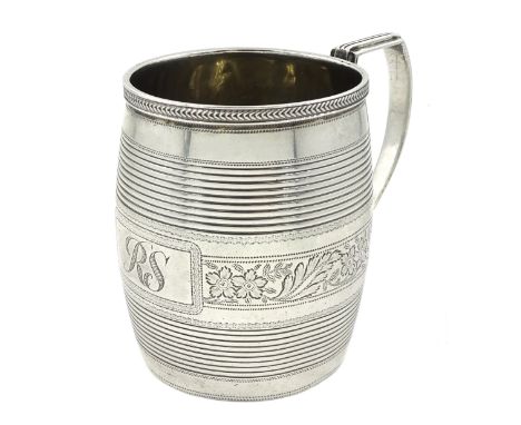 George III silver barrel shaped Christening mug, two reeded bands, engraved foliate design with cartouche, initialled 'RS' by