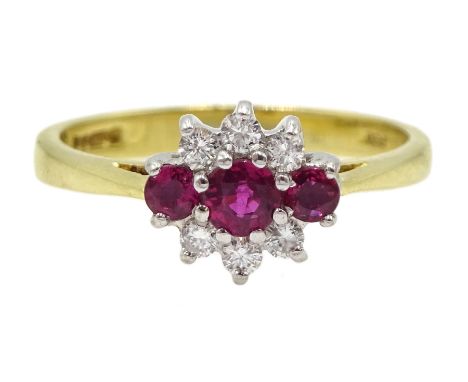 18ct gold ruby and diamond cluster ring, hallmarked - Condition Report Approx 2.8gm, size L