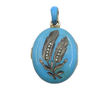 19th century silver and silver-gilt blue enamel and split pearl, wheat design locket pendant - Condition Report Pendant lengt