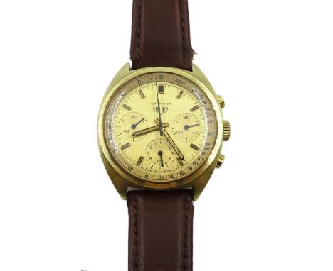 Carrera Heuer gold-plated 1970's chronograph wristwatch, manual wind, model No.73655, on brown leather strap - Condition Repo