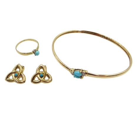 9ct gold turquoise and diamond bangle, pair of 14ct turquoise clip on earrings and a 8ct gold turquoise ring, all stamped - C