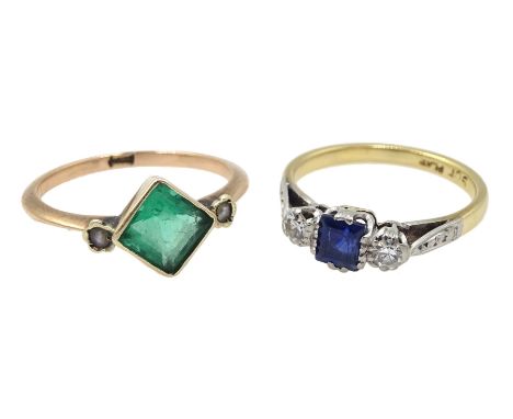 Gold sapphire and diamond ring, stamped Plat 9ct and gold emerald and split seed pearl ring, stamped 9ct - Condition Report A