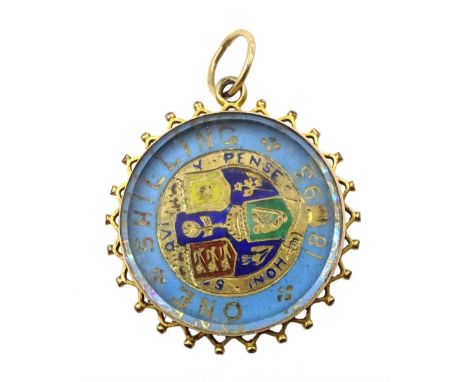 Victorian 1893 shilling, with gilt and enamel decoration, in 9ct gold and glass mount - Condition Report 