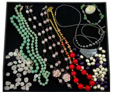 Collection of bead necklaces including jade, rose quartz and black onyx and haematite and loose pearl and amethyst beads - Co