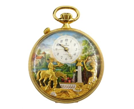 Charles Reuge Saint-Croix musical automaton alarm pocket watch, cylinder movement, alarm hand, printed landscape scene with d