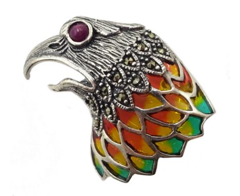 Silver plique-a-jour , marcasite and ruby eagle brooch, stamped 925 - Condition Report 
