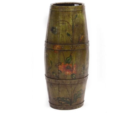 A PAINTED OAK COOPERED STICK STAND decorated with a green ground and sprays of flowers, 29cm diameter x 68.5cm high Condition