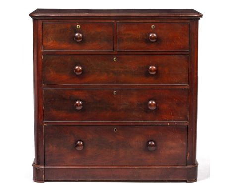 A VICTORIAN MAHOGANY CHEST OF TWO SHORT AND THREE LONG DRAWERS with turned knob handles and plinth base, 116cm wide x 51cm de