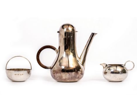 ROBERT RADFORD WELCH (1929-2000),  A SILVER THREE PIECE COFFEE SET the pot with hinged domed lid and India rosewood handle, w