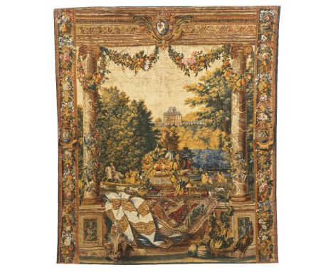 A LATE 20TH CENTURY PRINTED TAPESTRY TYPE PANEL depicting Versailles Palace and originally retailed by Hines Oxford, 165cm x 
