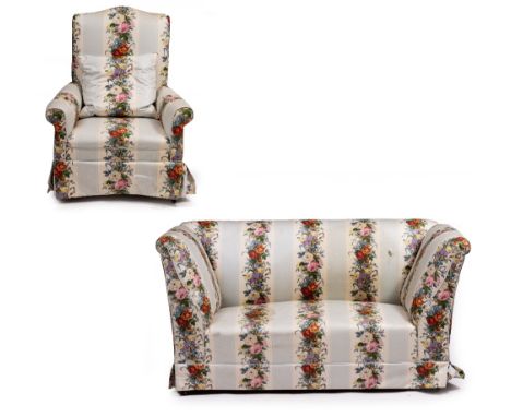 A VICTORIAN LOW OCCASIONAL CHAIR with turned rosewood front legs, together with a further small armchair with square tapering