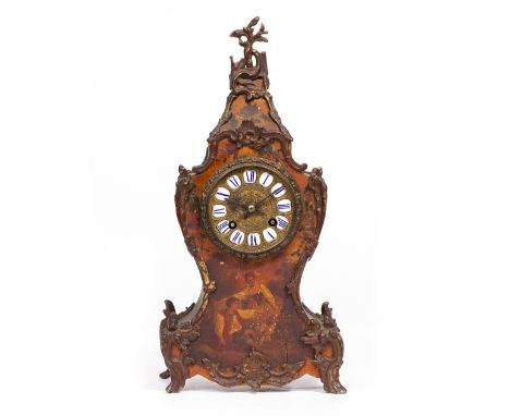 A 19TH CENTURY CONTINENTAL VERNIS MARTIN PAINTED METAL MOUNTED MANTLE CLOCK the shaped case decorated with a boy and a girl a