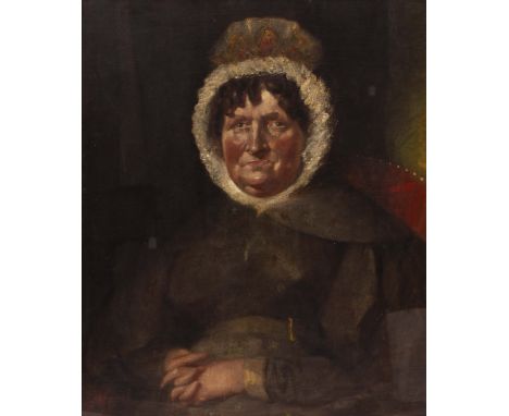 EARLY 19TH CENTURY ENGLISH SCHOOL half length portrait of a seated lady wearing a lace bonnet, oil on canvas, 75cm x 62cm At 