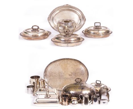 A COLLECTION OF SILVER PLATE consisting of a pair of oval entree dishes, 30cm wide together with four further entree dishes, 