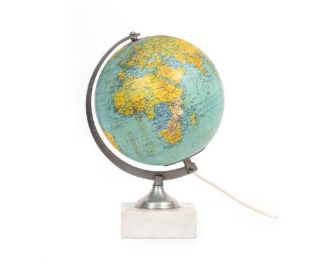 A CONTINENTAL ILLUMINATED GLOBE with aluminium bracket and marble plinth base, the globe 19cm diameter, the globe and stand 3